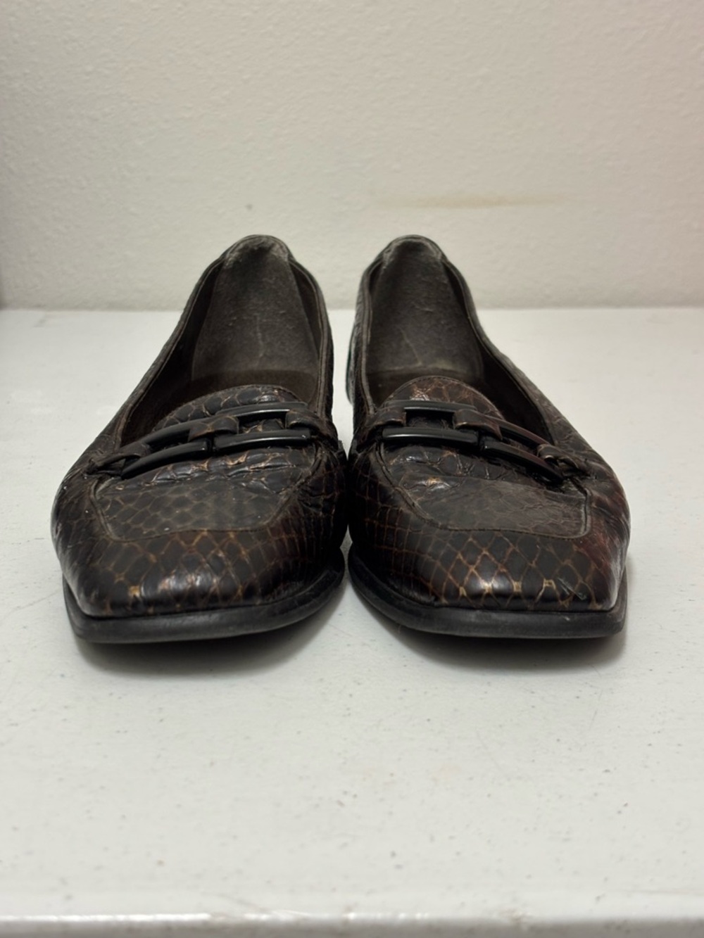Stuart Weitzman Brown Snake-Embossed Loafers with Black Accent